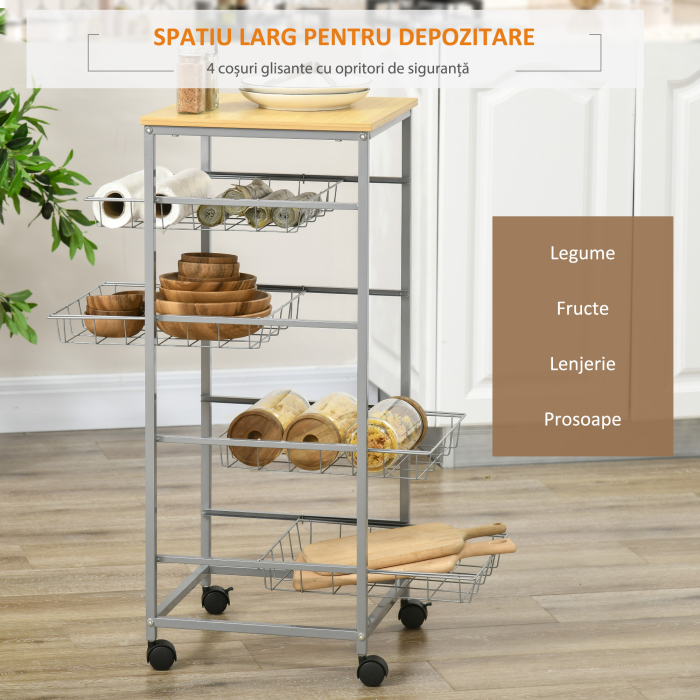  Carucior de Bucatarie cu 4 Cosuri Detasabile pentru Alimente, 36,5x36,5x89 cm, Argintiu [5]