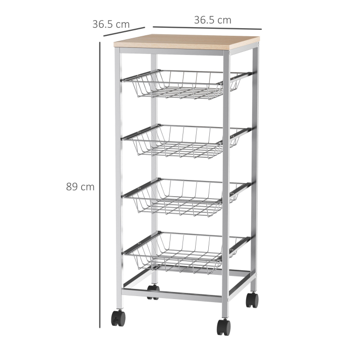  Carucior de Bucatarie cu 4 Cosuri Detasabile pentru Alimente, 36,5x36,5x89 cm, Argintiu [3]