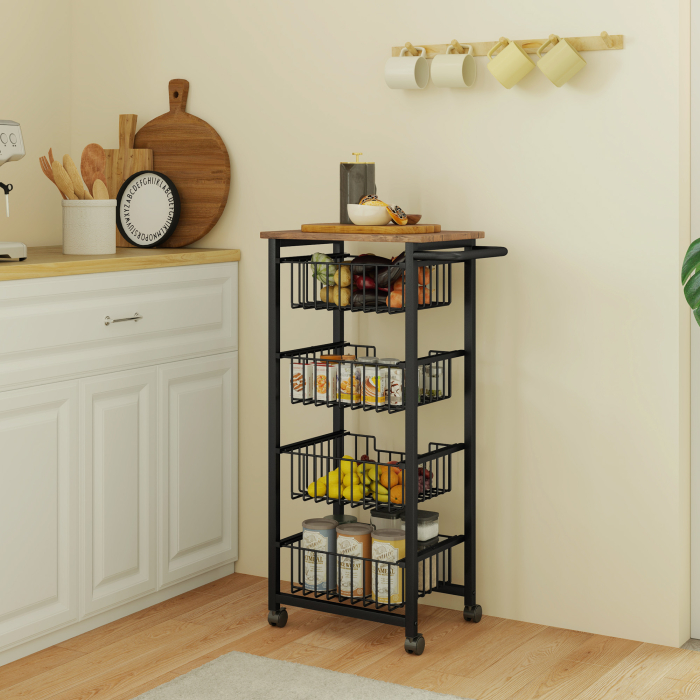  Carucior de Bucatarie cu 4 Cosuri Detasabile, Roti si Frane, Otel si Lemn, 49.5x31x91 cm, Stejar [8]