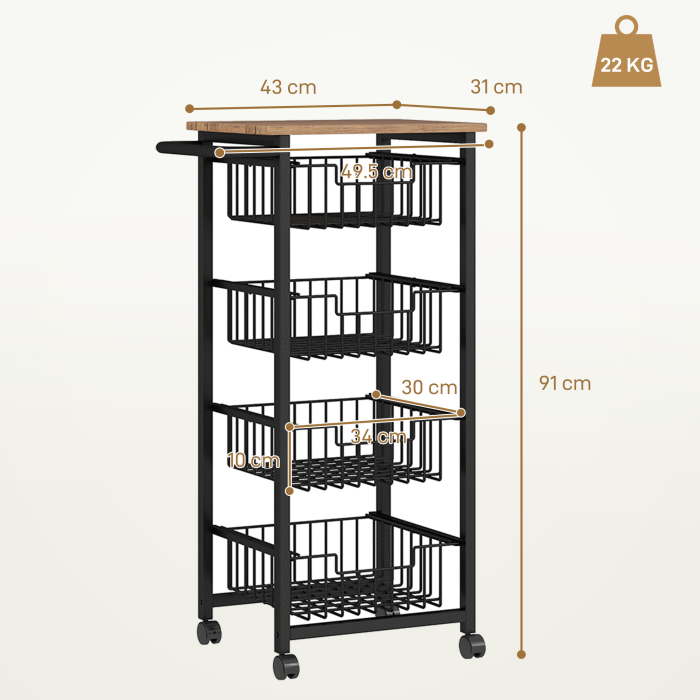  Carucior de Bucatarie cu 4 Cosuri Detasabile, Roti si Frane, Otel si Lemn, 49.5x31x91 cm, Stejar [3]