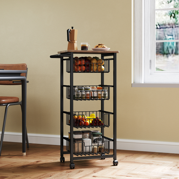  Carucior de Bucatarie cu 4 Cosuri Detasabile, Roti si Frane, Otel si Lemn, 49.5x31x91 cm, Stejar [7]