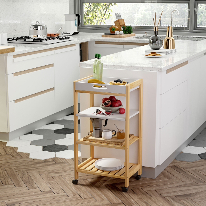  Carucior de bucatarie cu 4 nivele din MDF si lemn de pin cu 4 roti pivotante, 40x30x76 cm, alb si maro [2]
