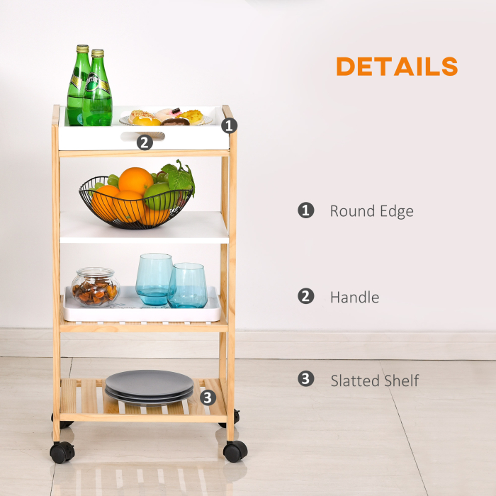  Carucior de bucatarie cu 4 nivele din MDF si lemn de pin cu 4 roti pivotante, 40x30x76 cm, alb si maro [6]