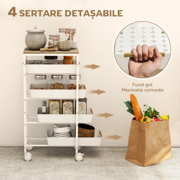  Carucior de Bucatarie cu 5 Niveluri, cu 4 Cosuri Extensibile, Alb si Stejar [4]