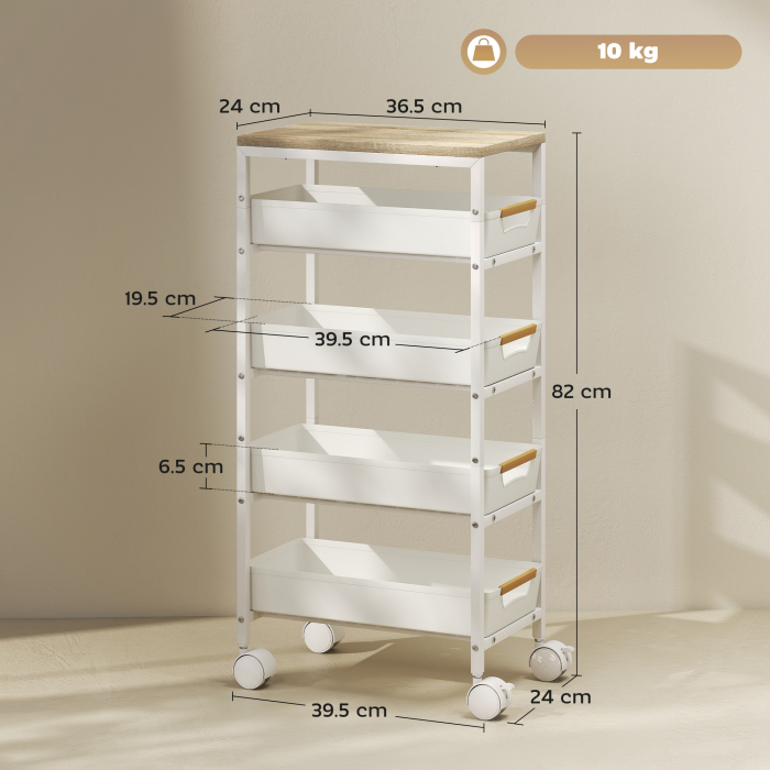  Carucior de Bucatarie cu 5 Niveluri, cu 4 Cosuri Extensibile, Alb si Stejar [3]
