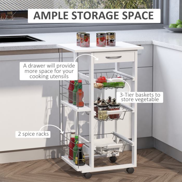  Carucior de Bucatarie cu Economisire de Spatiu din Lemn Alb cu 4 Roti 3 Cosuri Detasabile [5]