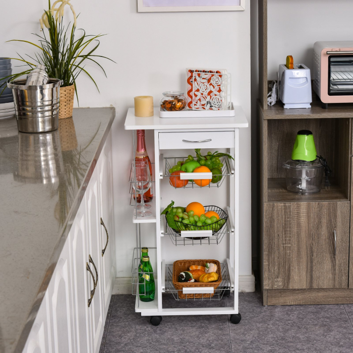  Carucior de Bucatarie cu Economisire de Spatiu din Lemn Alb cu 4 Roti 3 Cosuri Detasabile [2]