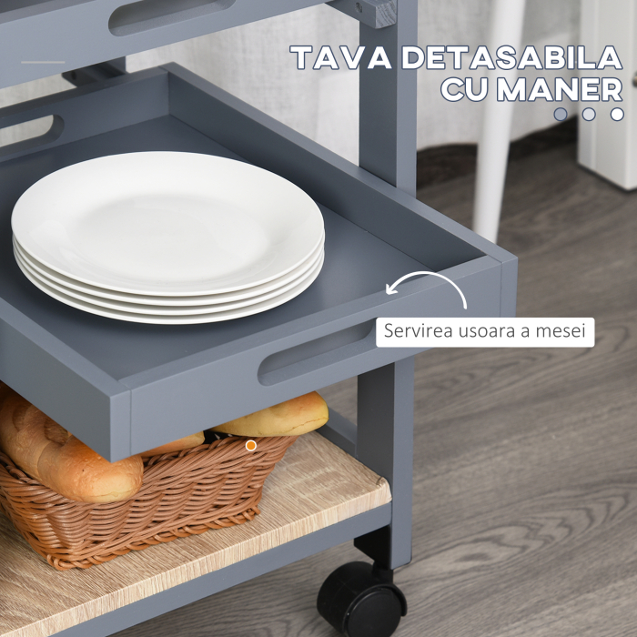  Carucior de Bucatarie cu Sertar, 2 Tavi Detasabile si Raft Fix, din Lemn de Pin si MDF, 37x37x76 cm [5]