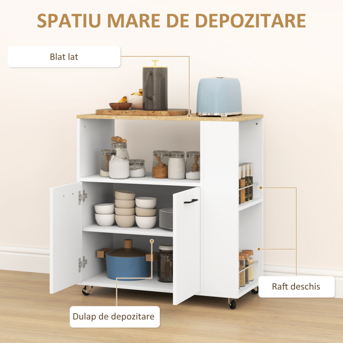  Carucior de Bucatarie din Lemn cu Raft Deschis, Dulap si Raft Lateral, 75x40x80,5 cm, Culoare Stejar si Alb [4]