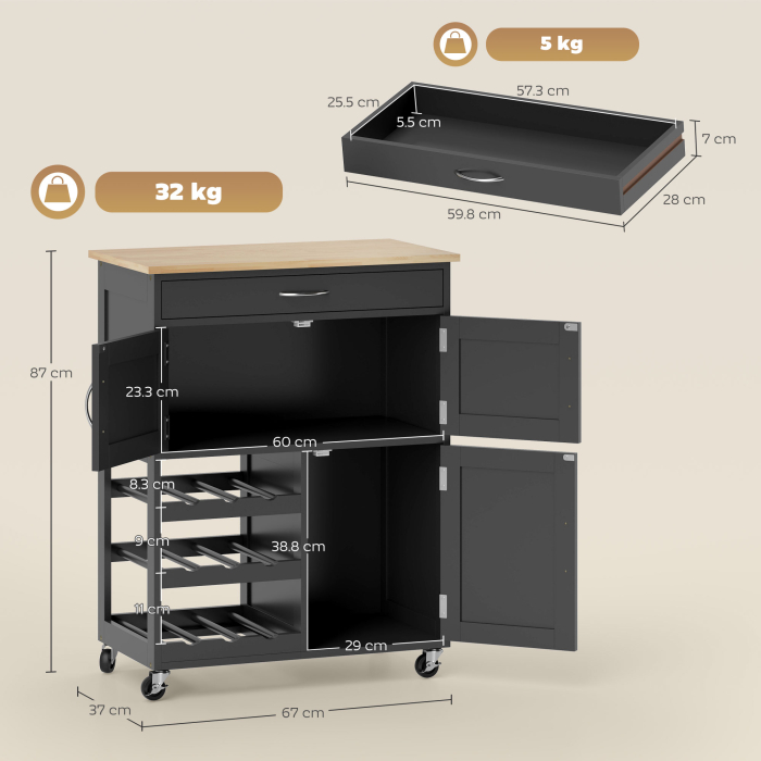  Carucior de Bucatarie din Lemn cu Suport pentru Sticle, 3 Usi si Sertar, 67x37x87 cm, Negru si Stejar [3]