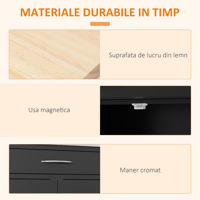  Carucior de Bucatarie din Lemn cu Suport pentru Sticle, 3 Usi si Sertar, 67x37x87 cm, Negru si Stejar [6]