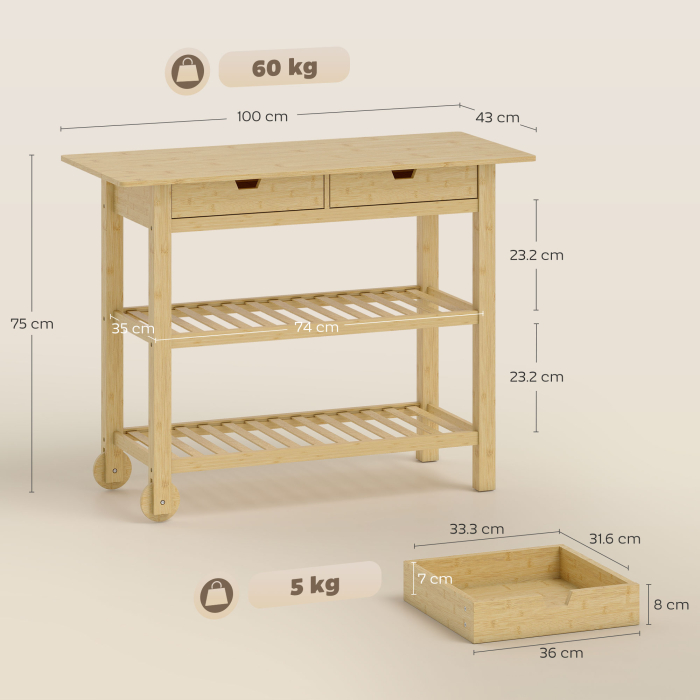  Carucior de Bucatarie din Lemn de Bambus cu 2 Sertare, 2 Rafturi si 2 Roti, 100x43x75 cm, Lemn [3]