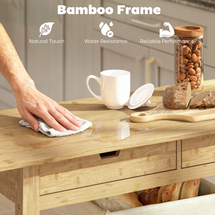  Carucior de Bucatarie din Lemn de Bambus cu 2 Sertare, 2 Rafturi si 2 Roti, 100x43x75 cm, Lemn [5]