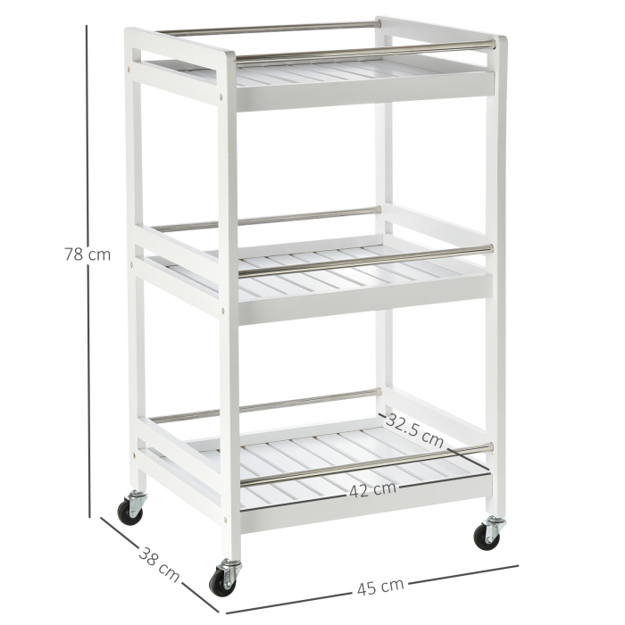  Carucior de Bucatarie Economisire Spatiu din Lemn Alb cu 3 Etajere 4 Roti 360° [3]