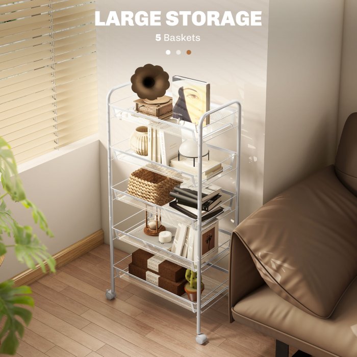  Carucior de Bucatarie Economisitor de Spatiu pe 5 Niveluri cu Cosuri din Plasa din Otel, 45x26.5x106cm, Alb [4]