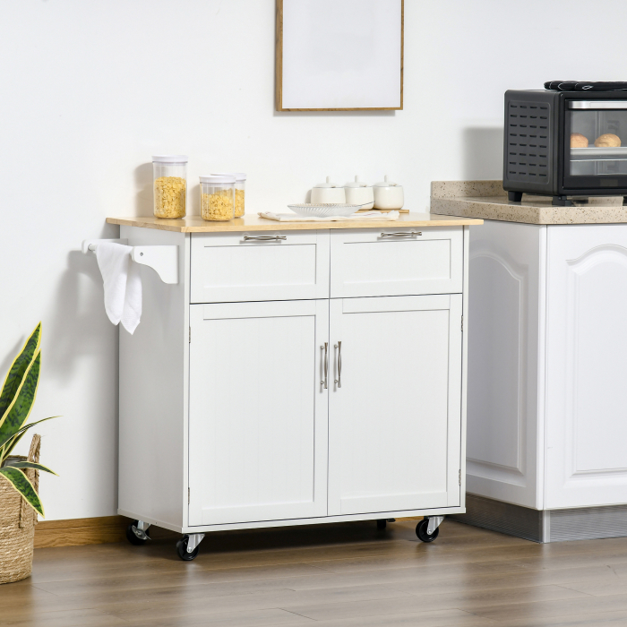  Carucior de Bucatarie Multifunctional cu 2 Sertare, Dulap si 4 Roti, 104x46x91cm - Alb [2]