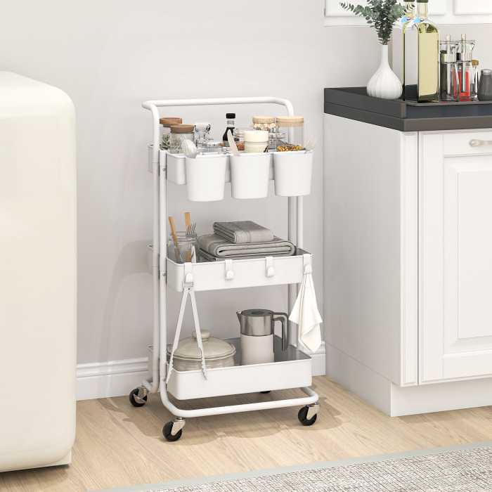 Carucior de Bucatarie Multifunctional cu 3 Nivele, Cosuri si Carlige Detasabile, 42x38x86.5 cm, Negru [2]