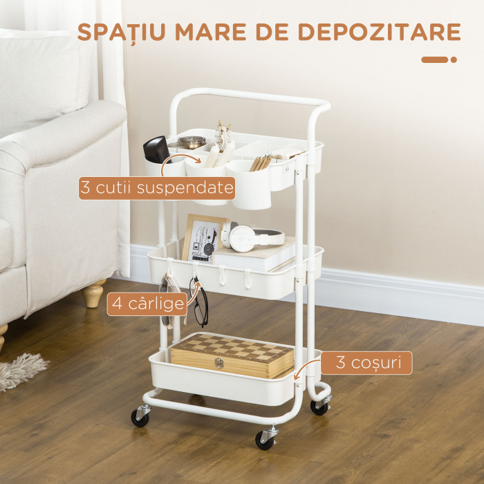  Carucior de Bucatarie Multifunctional cu 3 Nivele, Cosuri si Carlige Detasabile, 42x38x86.5 cm, Negru [4]