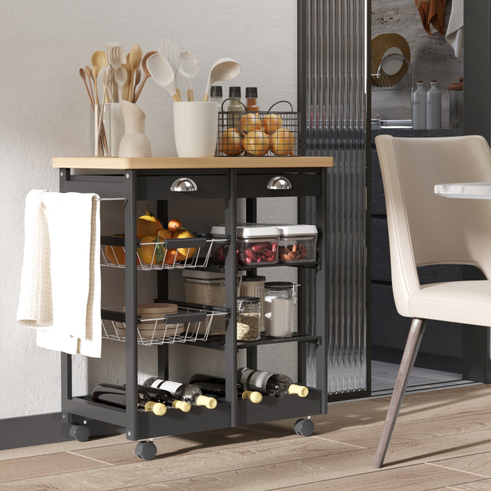  Carucior de Bucatarie Multifunctional din Lemn de Pin, 74x37x75 cm, Negru [2]