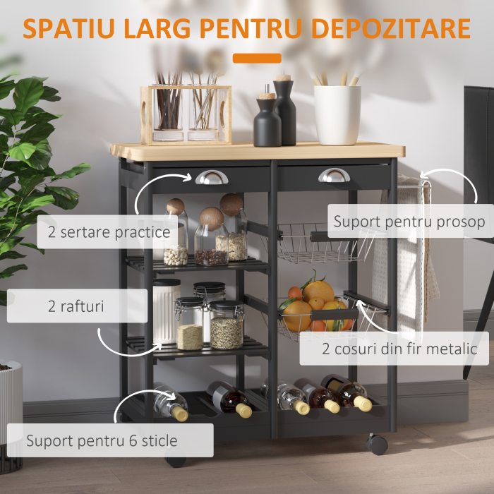  Carucior de Bucatarie Multifunctional din Lemn de Pin, 74x37x75 cm, Negru [4]