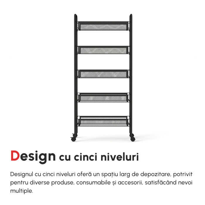  Carucior de bucatarie pe 5 niveluri cu cosuri din plasa, carucior de depozitare pentru sufragerie si dormitor din otel, 45x26,5x106cm, negru [7]
