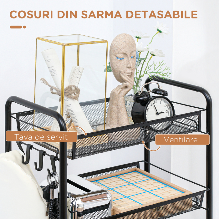  Carucior de bucatarie pe 5 niveluri cu cosuri din plasa, carucior de depozitare pentru sufragerie si dormitor din otel, 45x26,5x106cm, negru [5]