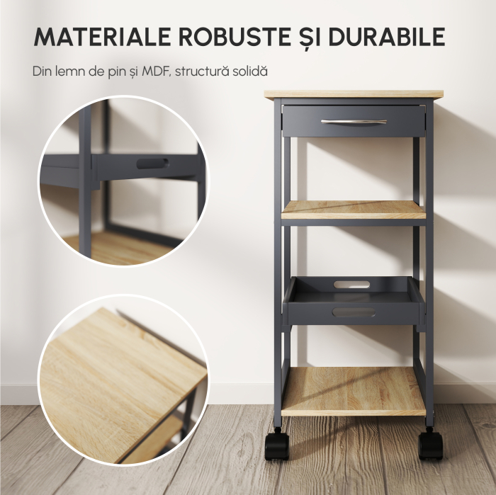  Carucior de Bucatarie pentru Servire cu Sertar, 2 Rafturi si Tava Detasabila, 37x37x76cm, Gri [7]