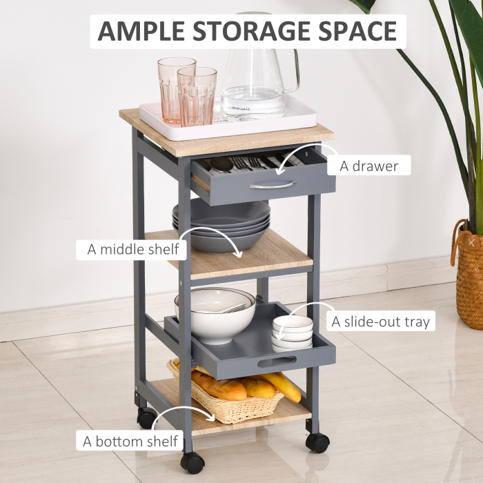  Carucior de Bucatarie pentru Servire cu Sertar, 2 Rafturi si Tava Detasabila, 37x37x76cm, Gri [6]