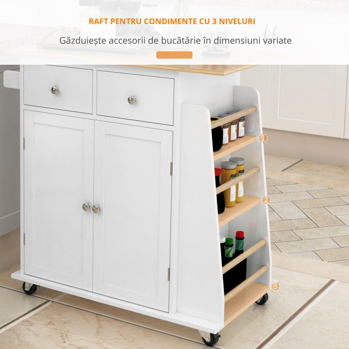  Carucior de bucatarie suport condimente cu 3 niveluri si 4 roti din MDF si PAL, 89x45x89.5cm, alb [5]