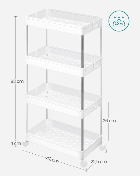Carucior de depozitare mobil cu roti, pe 4 niveluri, 40x22x87 cm, alb [5]