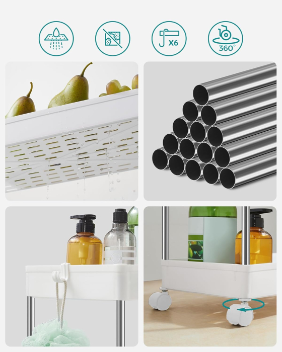 Carucior de depozitare mobil cu roti, pe 4 niveluri, 40x22x87 cm, alb [4]