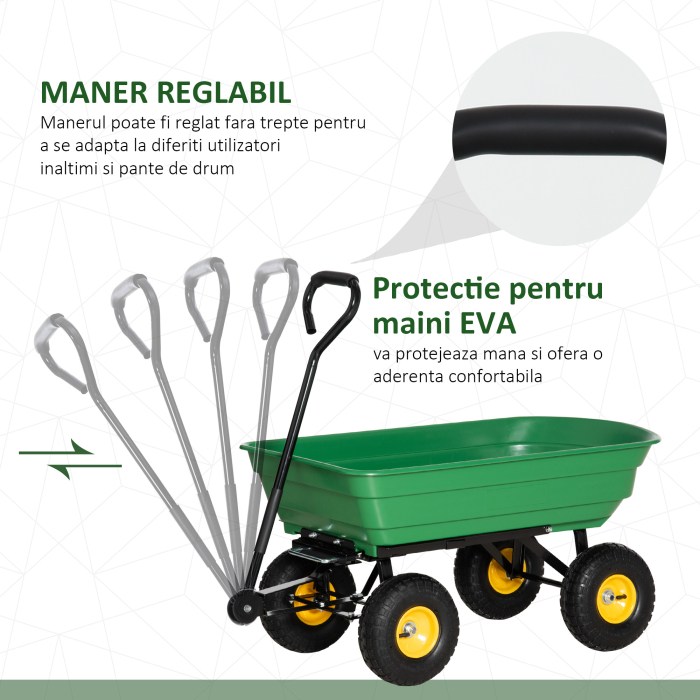 Carucior de Gradina  75L din Otel si PP cu Cuva Rabatabila si Maner de Transport, 109x52x94 cm, Verde [6]