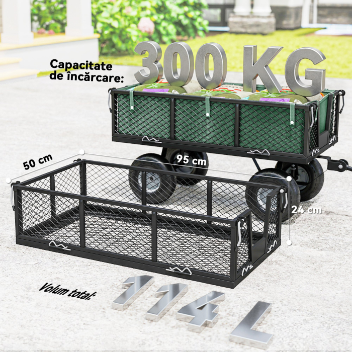  Carucior de Gradina de 114L cu Pereti Laterali Detasabili si Maner Rotativ, 105x51x54 cm, Negru [7]
