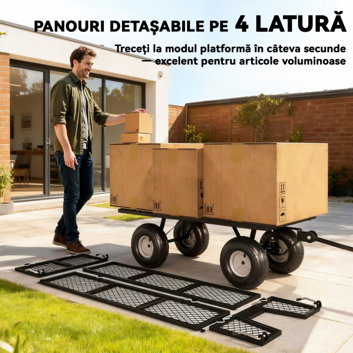  Carucior de Gradina de 114L cu Pereti Laterali Detasabili si Maner Rotativ, 105x51x54 cm, Negru [4]