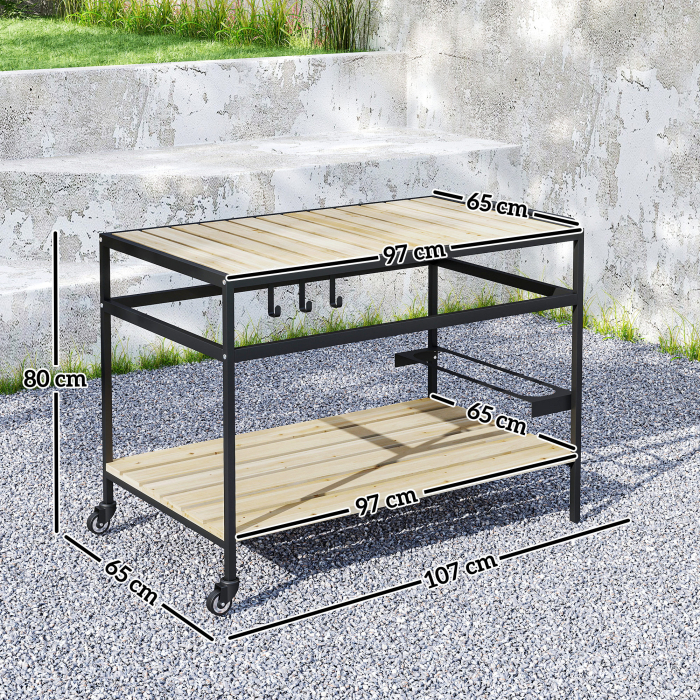  Carucior de Gradina pentru Servit, din Lemn cu sipci si Otel, Raft si Maner, 107x65x80 cm [3]