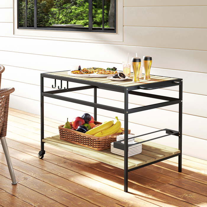  Carucior de Gradina pentru Servit, din Lemn cu sipci si Otel, Raft si Maner, 107x65x80 cm [8]