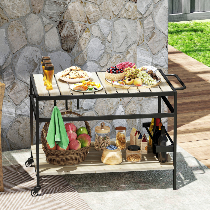  Carucior de Gradina pentru Servit, din Lemn cu sipci si Otel, Raft si Maner, 107x65x80 cm [2]