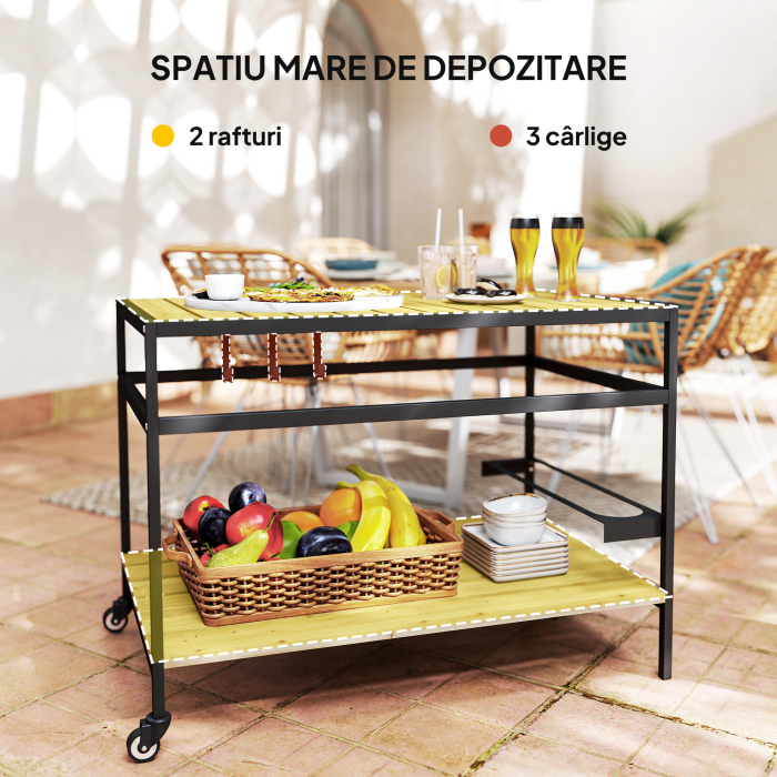  Carucior de Gradina pentru Servit, din Lemn cu sipci si Otel, Raft si Maner, 107x65x80 cm [4]