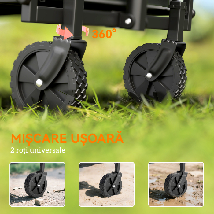  Carucior de Gradina Pliabil 41L cu 4 Roti, Trolley de Camping din Metal si Material Textil Oxford cu Geanta de Transport si Maner Reglabil, Negru [7]