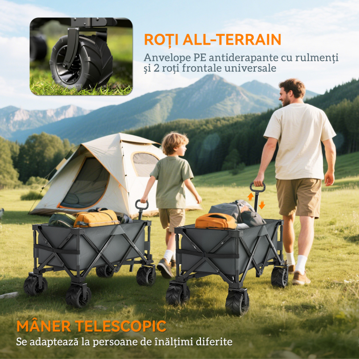  Carucior de gradina, sarcina maxima 70kg, cu maner telescopic, din metal si material Oxford, 108x55 cm, gri [4]