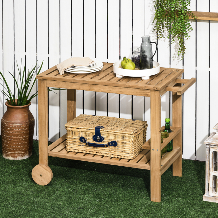  Carucior de Servire pentru Gradina din Lemn de Brad, Carucior cu Rafturi si Suport pentru Sticle, 95x47x74 cm, Natural [2]
