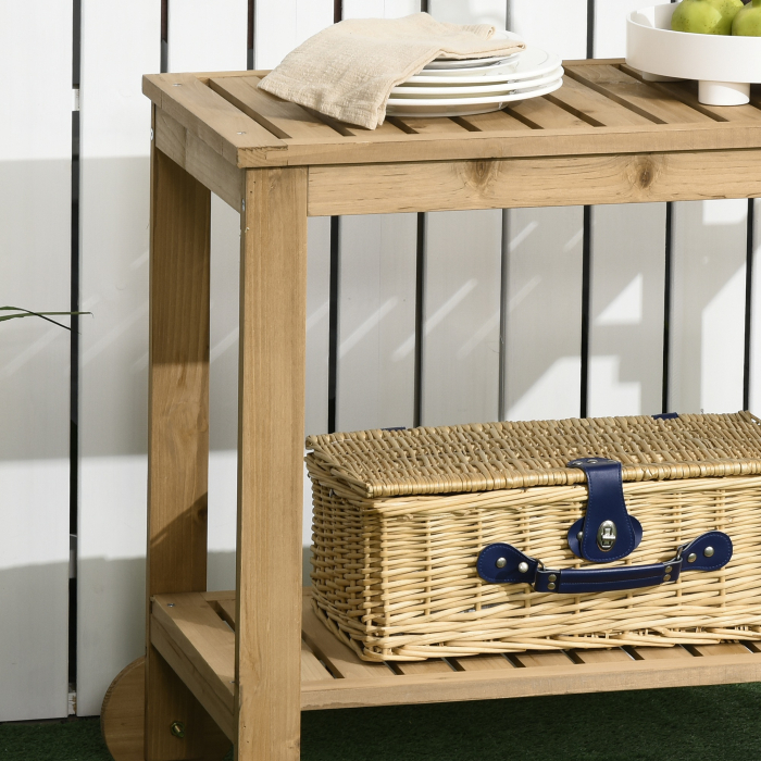  Carucior de Servire pentru Gradina din Lemn de Brad, Carucior cu Rafturi si Suport pentru Sticle, 95x47x74 cm, Natural [8]