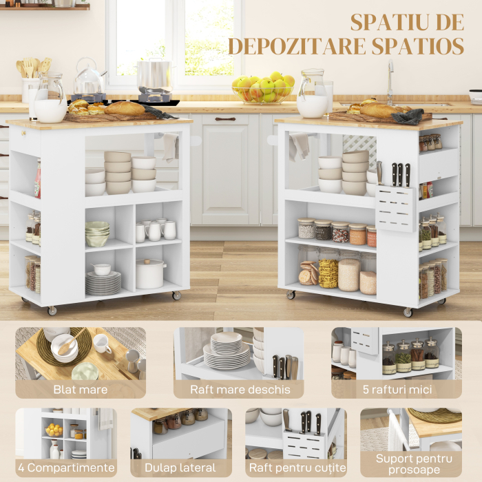  Carucior Insula de Bucatarie cu Rafturi Reglabile, Suport pentru Cutite si Blat din Lemn, 86.5x47x88 cm, Alb [4]
