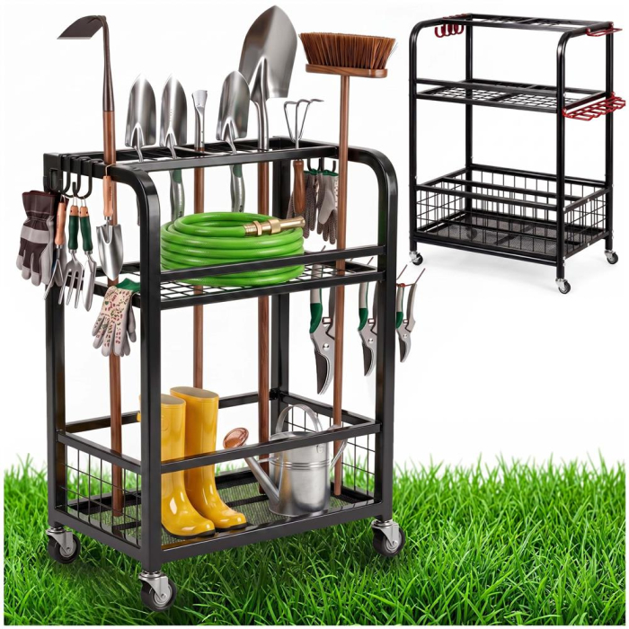 Carucior mobil pentru scule si unelte de gradina cu 3 rafturi, organizator metalic cu roti, 66x40x96 cm, negru [23]