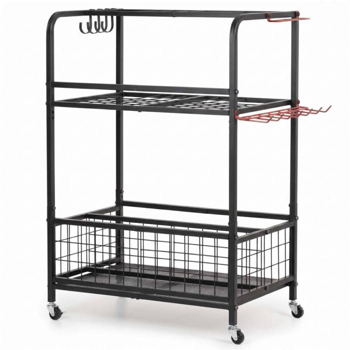 Carucior mobil pentru scule si unelte de gradina cu 3 rafturi, organizator metalic cu roti, 66x40x96 cm, negru [18]