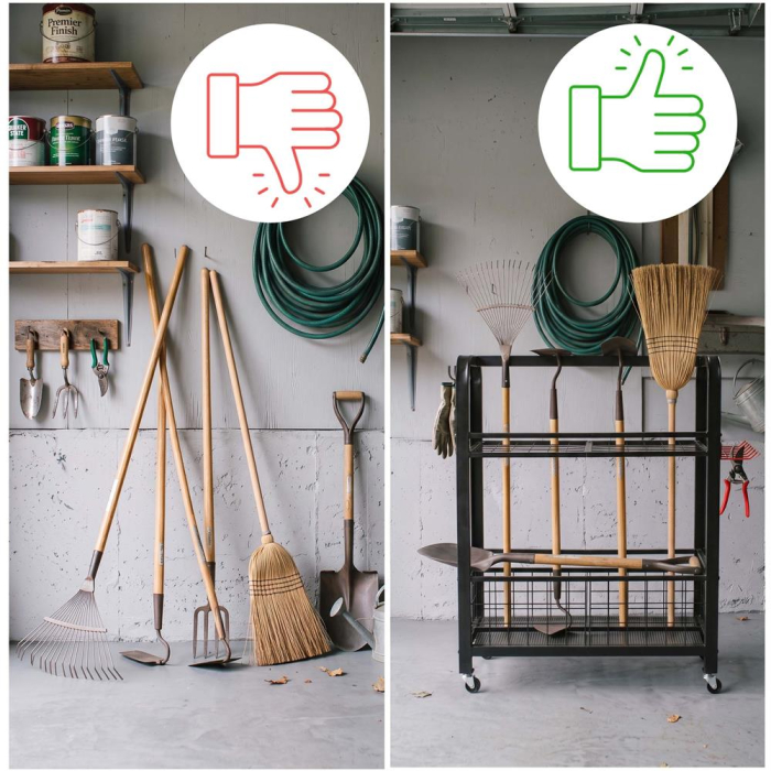 Carucior mobil pentru scule si unelte de gradina cu 3 rafturi, organizator metalic cu roti, 66x40x96 cm, negru [3]