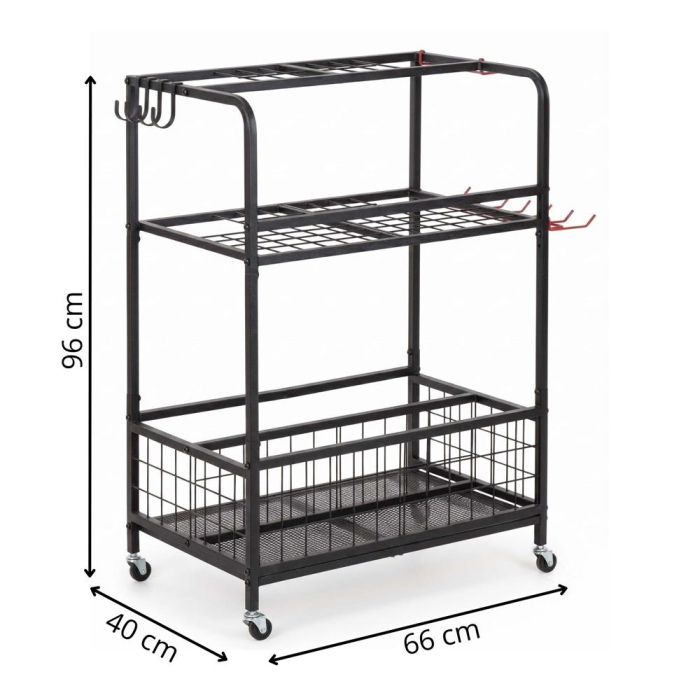 Carucior mobil pentru scule si unelte de gradina cu 3 rafturi, organizator metalic cu roti, 66x40x96 cm, negru [22]