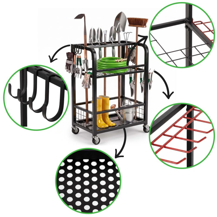 Carucior mobil pentru scule si unelte de gradina cu 3 rafturi, organizator metalic cu roti, 66x40x96 cm, negru [26]
