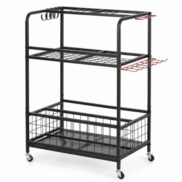 Carucior mobil pentru scule si unelte de gradina cu 3 rafturi, organizator metalic cu roti, 66x40x96 cm, negru [15]