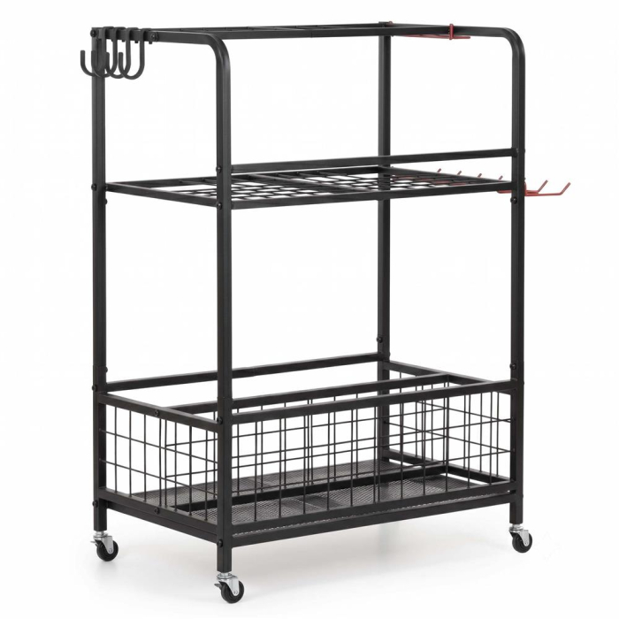 Carucior mobil pentru scule si unelte de gradina cu 3 rafturi, organizator metalic cu roti, 66x40x96 cm, negru [17]